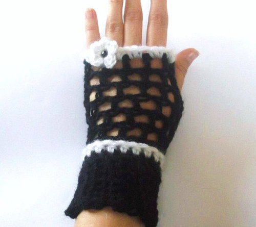 Black Fingerless Gloves Flower 4 sizes