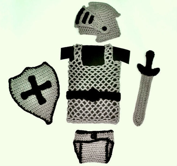 Knight Helmet / Diaper Cover / Chainmail vest / Sword and shield Crochet Pattern