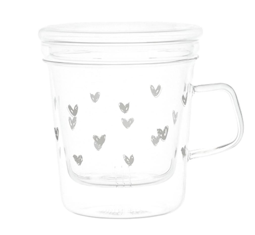 Tisaniera in vetro con filtro e coperchio tappezzeria cuori Simple Day Tisaniera in vetro con filtro e coperchio tappezzeria cuori Simple Day