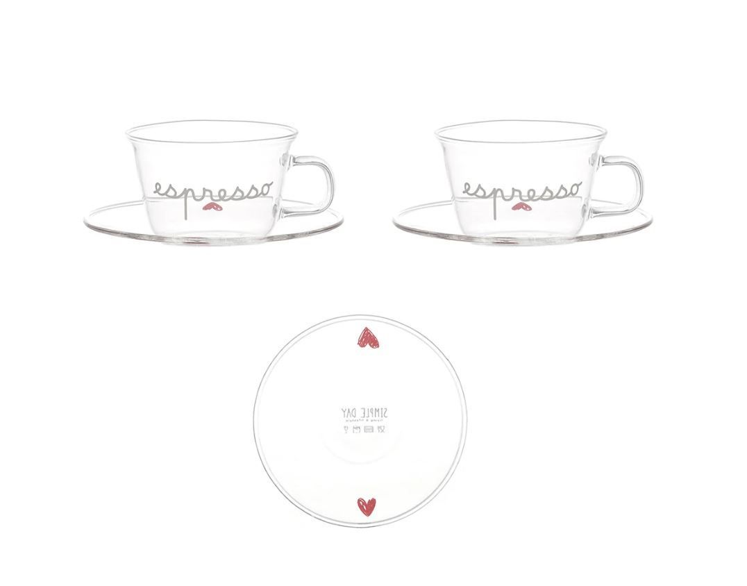 Set 2 tazzine espresso Espresso cuori rossi con piattini Simple Day Set 2 tazzine espresso Espresso cuori rossi con piattini Simple Day