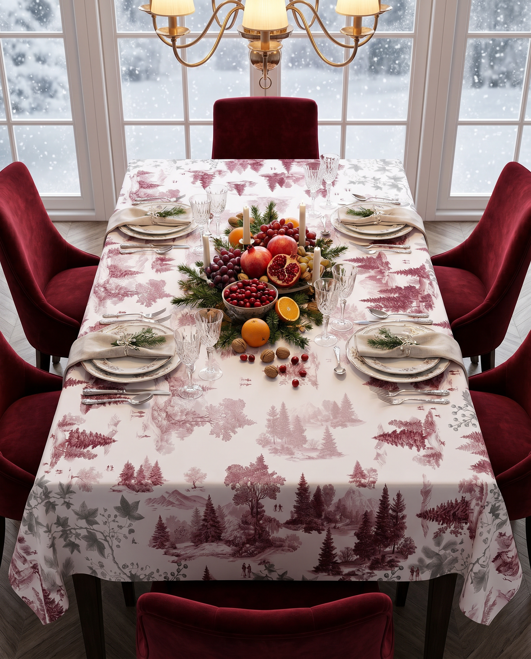 Tovaglia in lino premium Toile de Jouy col.rosso rubino 180x270 The Napking