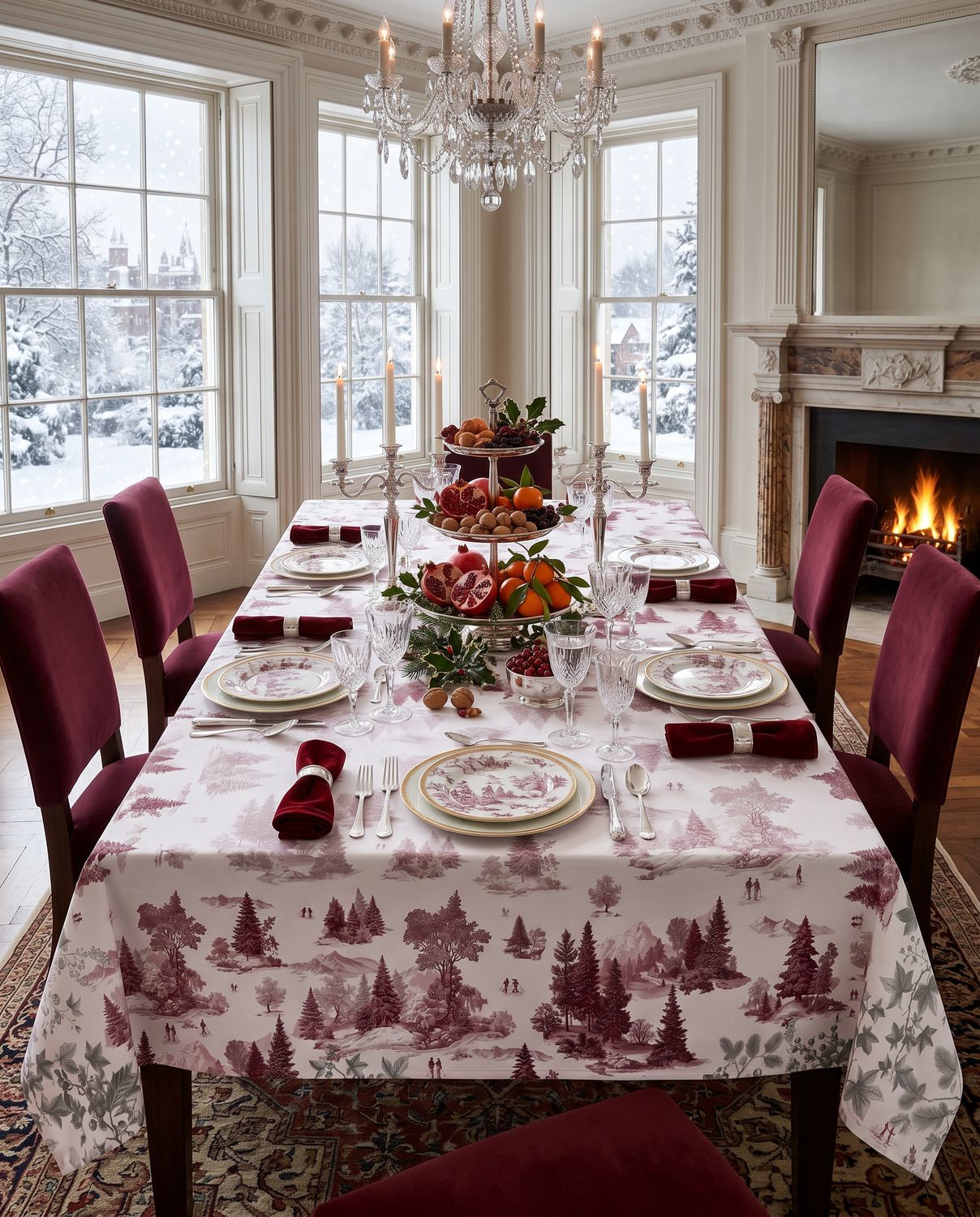 Tovaglia in lino premium Toile de Jouy col.rosso rubino 180x270 The Napking