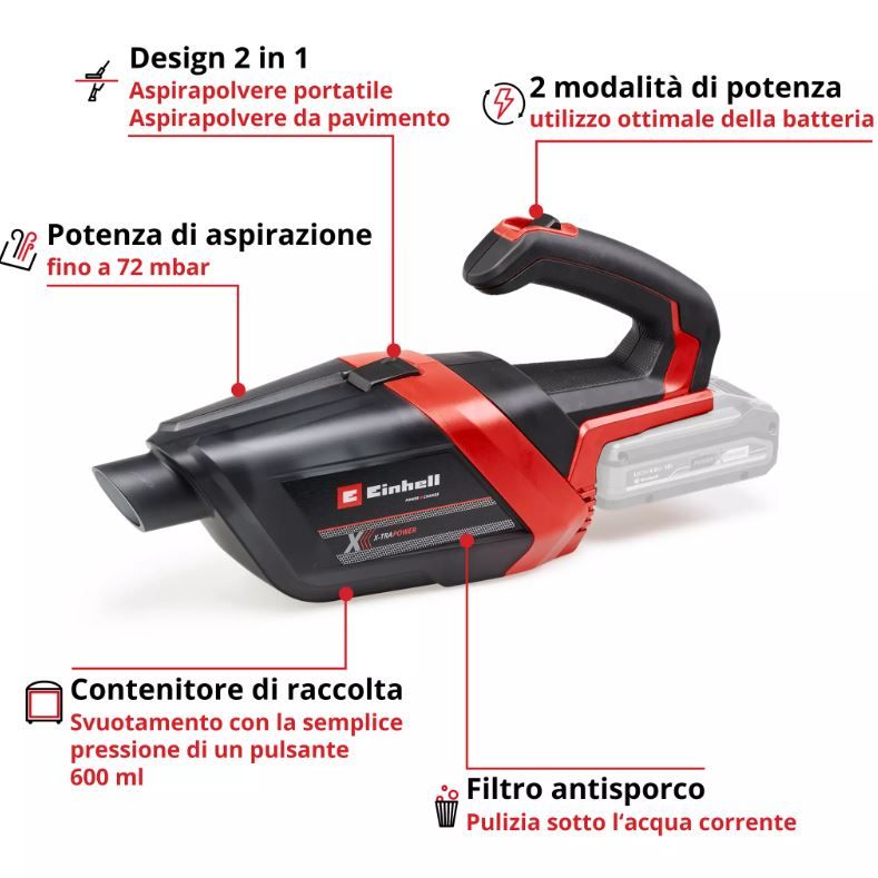 Aspirapolvere manuale a batteria TE-HV 18/06 Li - Solo cod.2347190 Einhell