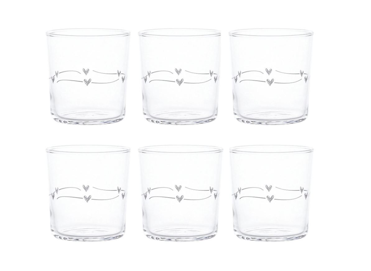 Set 6 bicchieri in vetro temperato cl.35,5 Festone Cuori Simple Day