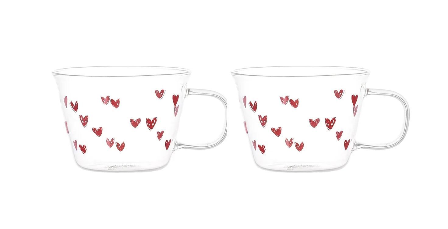 Set 2 tazze in vetro 480ml tappezzeria cuori rossi Simple Day