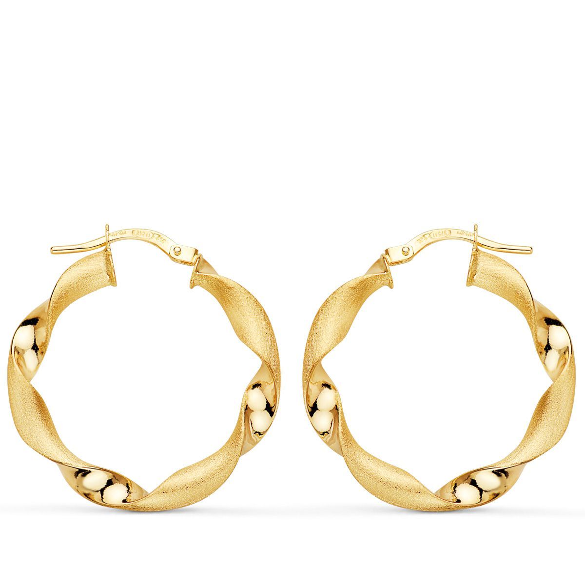 9K AROS ORO AMARILLO HUECOS RETORCIDOS MATE Y BRILLO 26 MM x3.75 MM