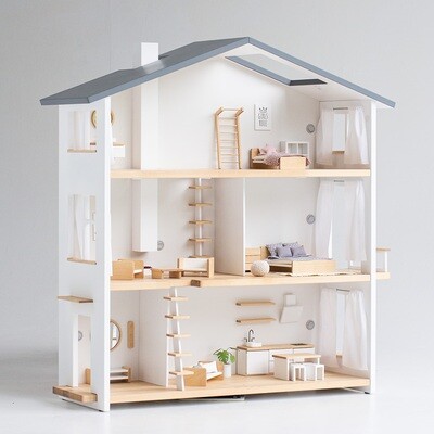 Three-story wooden dollhouse with lights in every room and a magnetic wall