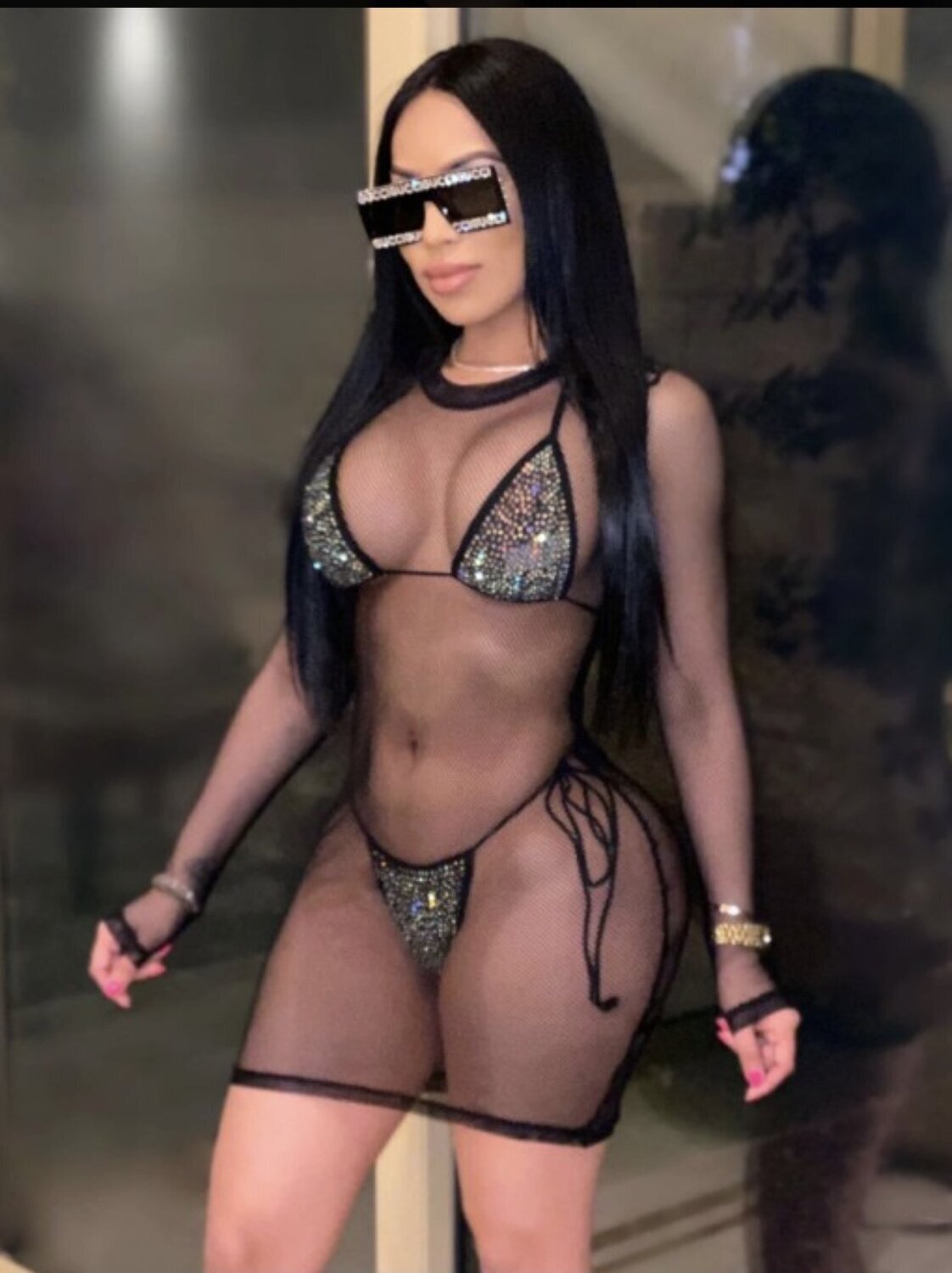 Black Rhinestone 3 Piece Bikini Set