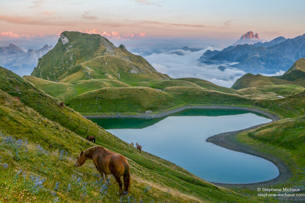 Lac des Pyrénées au grand coeur et chevaux