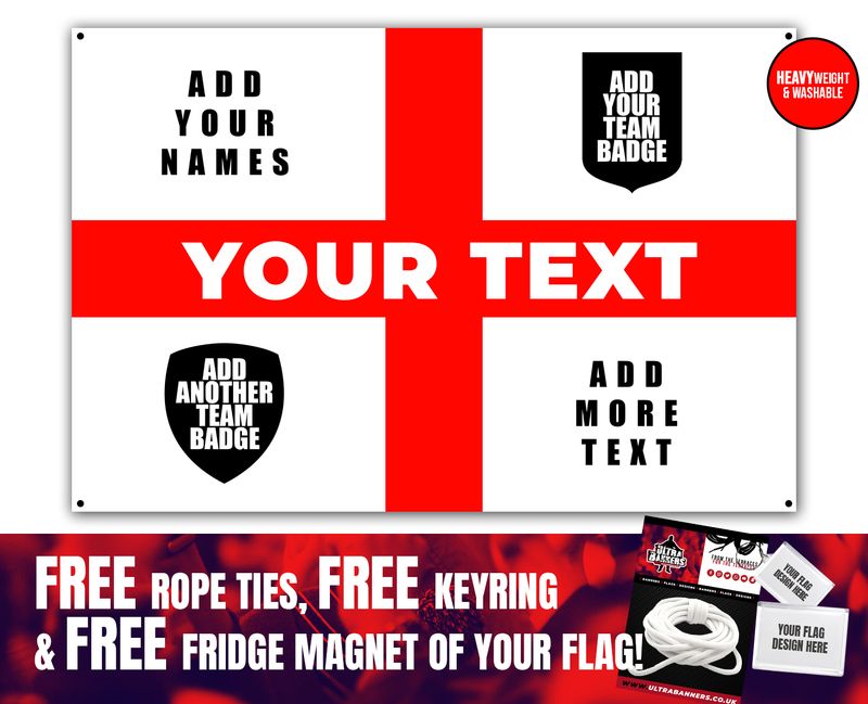 6 x 4 Custom "Dual Club" England Heavyweight Banner Flag (FREE Rope Ties, FREE Fridge Magnet AND FREE Keyring)