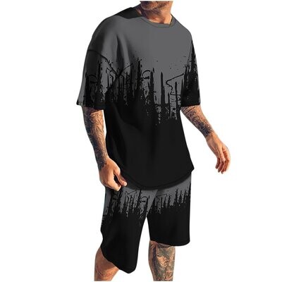 Mens Casual Sport Outfit Suit 3D Gradient Tie Dye Print Short Sleeve T-Shirts and Shorts Big and Tall Regular Fit Two Pieces Sum