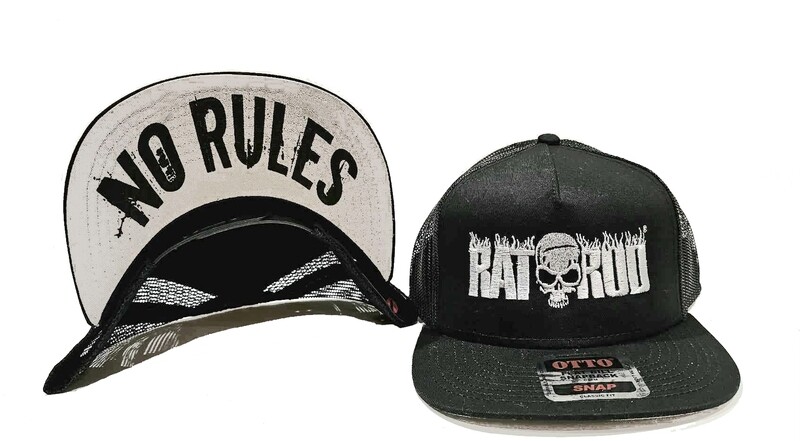 RATROD Hat - Embroidered hat with &quot;NO RULES&quot; gray underbill