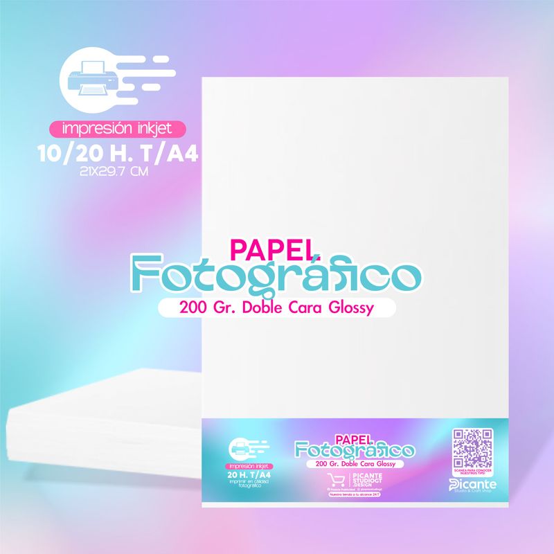 Papel Fotográfico Glossy 200 grs DOBLE CARA 20HOJAS   T/A4