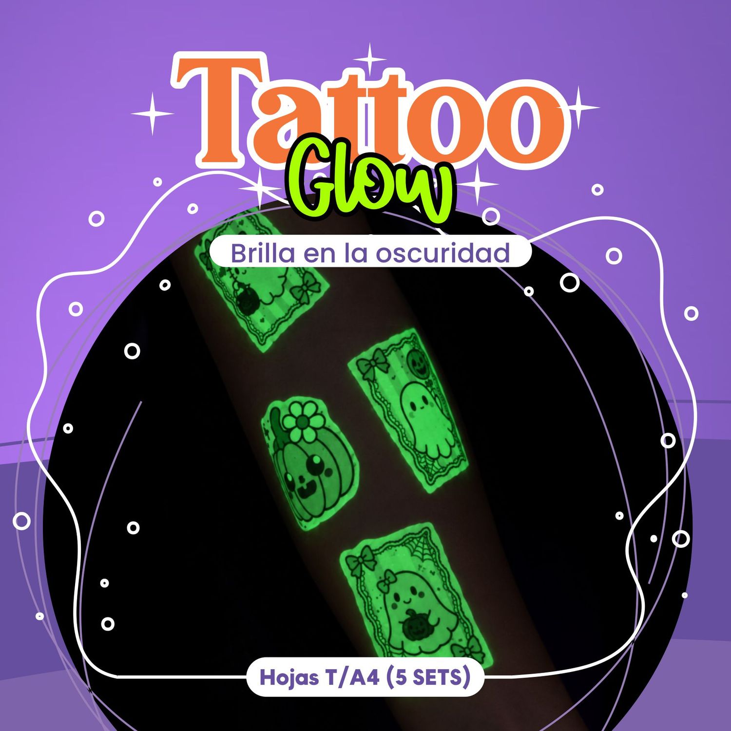 Papel Tattoo Glow in the Dark (Brilla en la oscuridad) 5 Sets