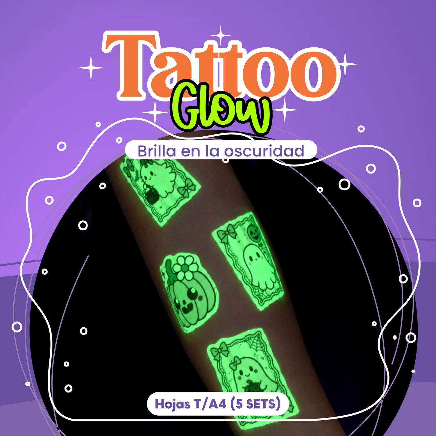 Papel Tattoo Glow in the Dark (Brilla en la oscuridad) 5 Sets  (Para tatuaje temporal)