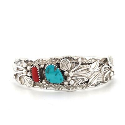 Sterling Silver Turquoise & Coral Cuff