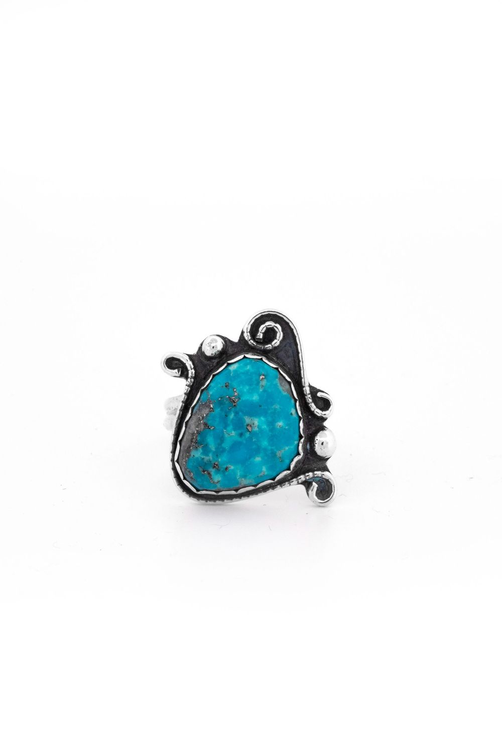 Sterling Silver Turquoise Ring with Swirl and Ball Design