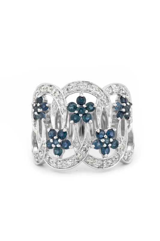 14k White Gold with Sapphire Flowers & Diamonds