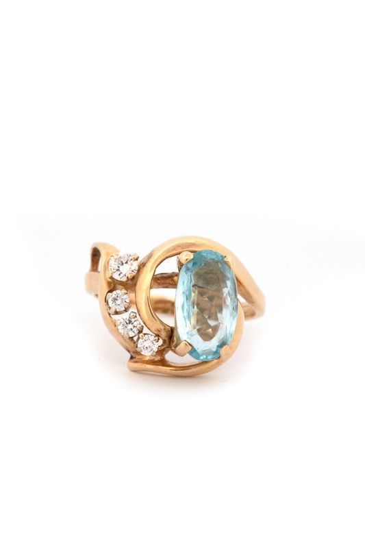 14k Yellow Gold, Aquamarine and Diamond Ring