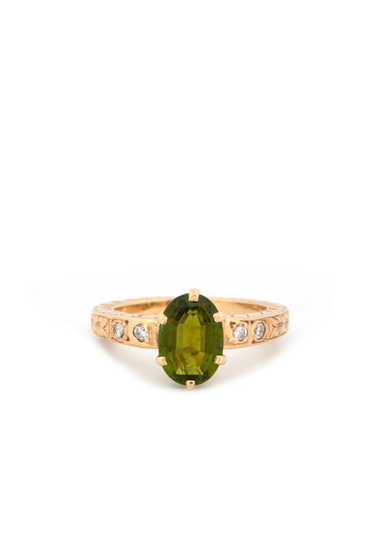 14k Yellow Gold, Green Tourmaline & Diamond Ring
