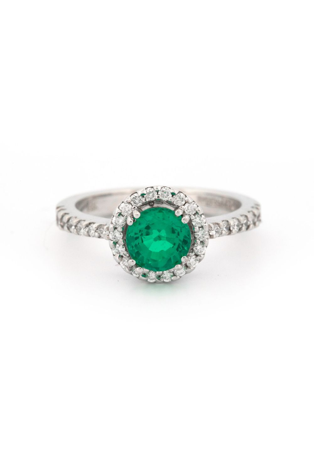 14k White Gold & Lab Emerald Ring with a Diamond Halo