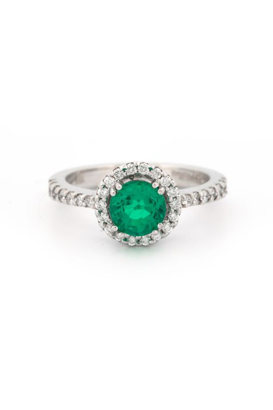 14k White Gold & Lab Emerald Ring with a Diamond Halo