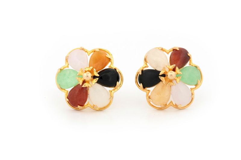 Multicolor Jadeite Cabochon 14k Yellow Gold Earrings