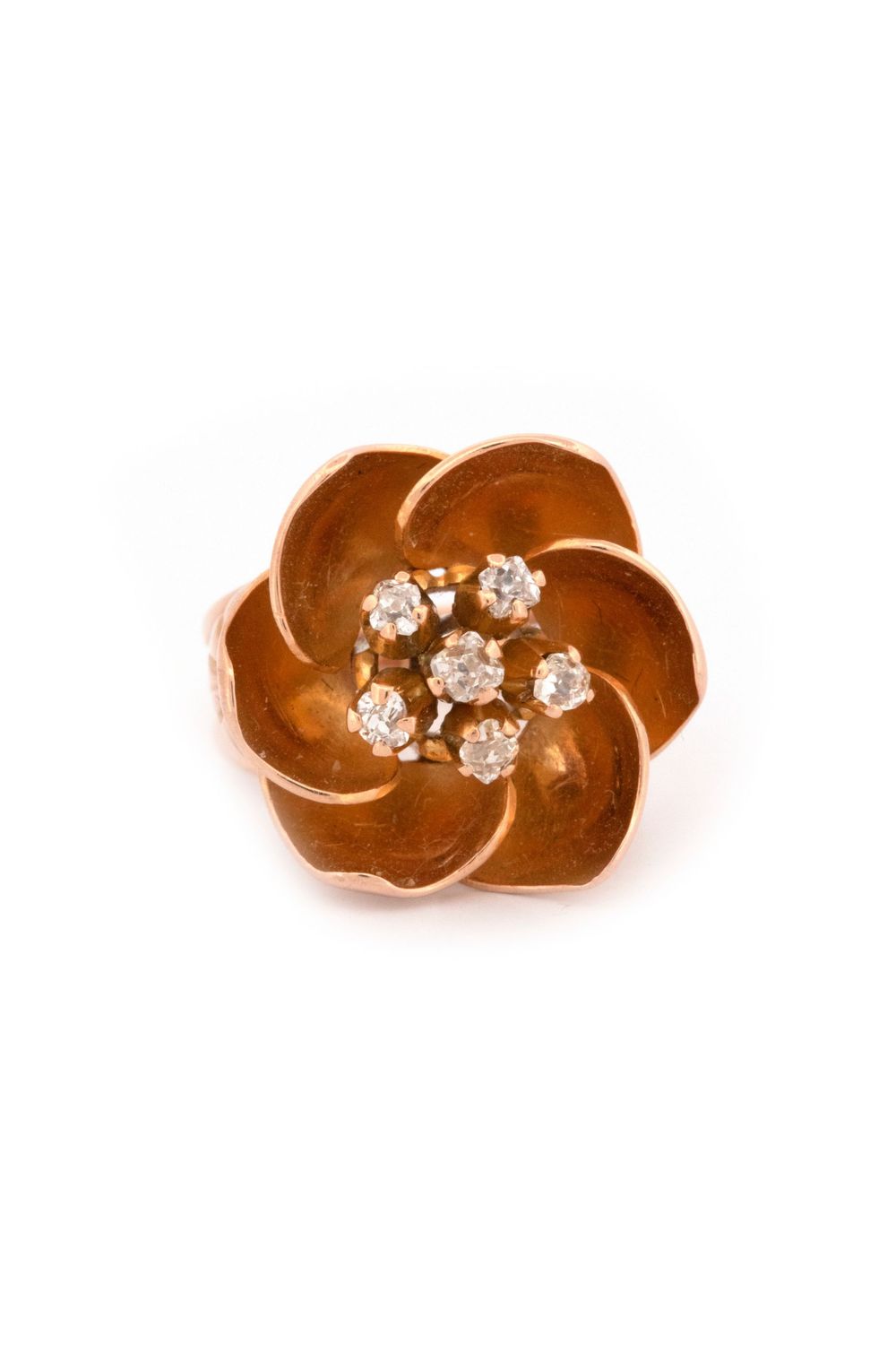 14k Rose Gold & Mine cut Diamond Flower Ring