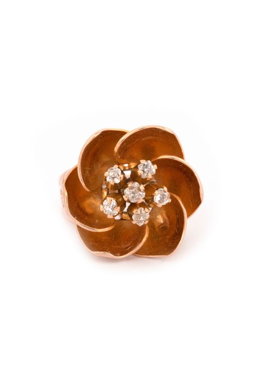 14k Rose Gold & Mine cut Diamond Flower Ring