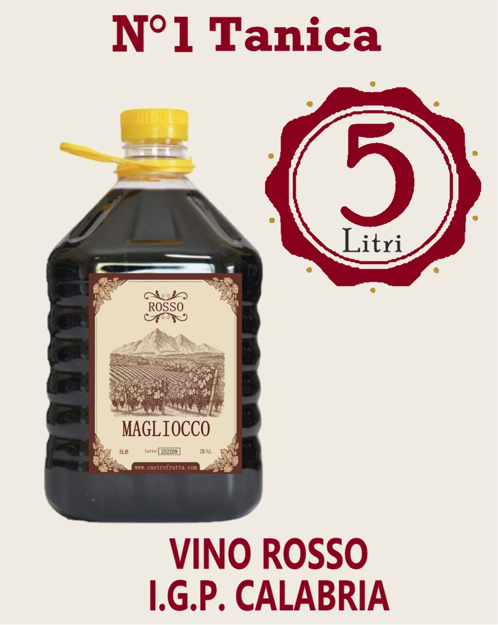Vino Rosso - I.G.P. CALABRIA, Quantità: 1 Tanica  - 5 Litri