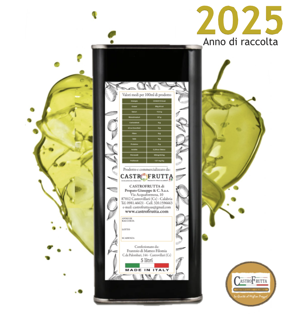 5 Lt - Latta OLIO Extravergine di oliva - Verdone - ANNO 2025