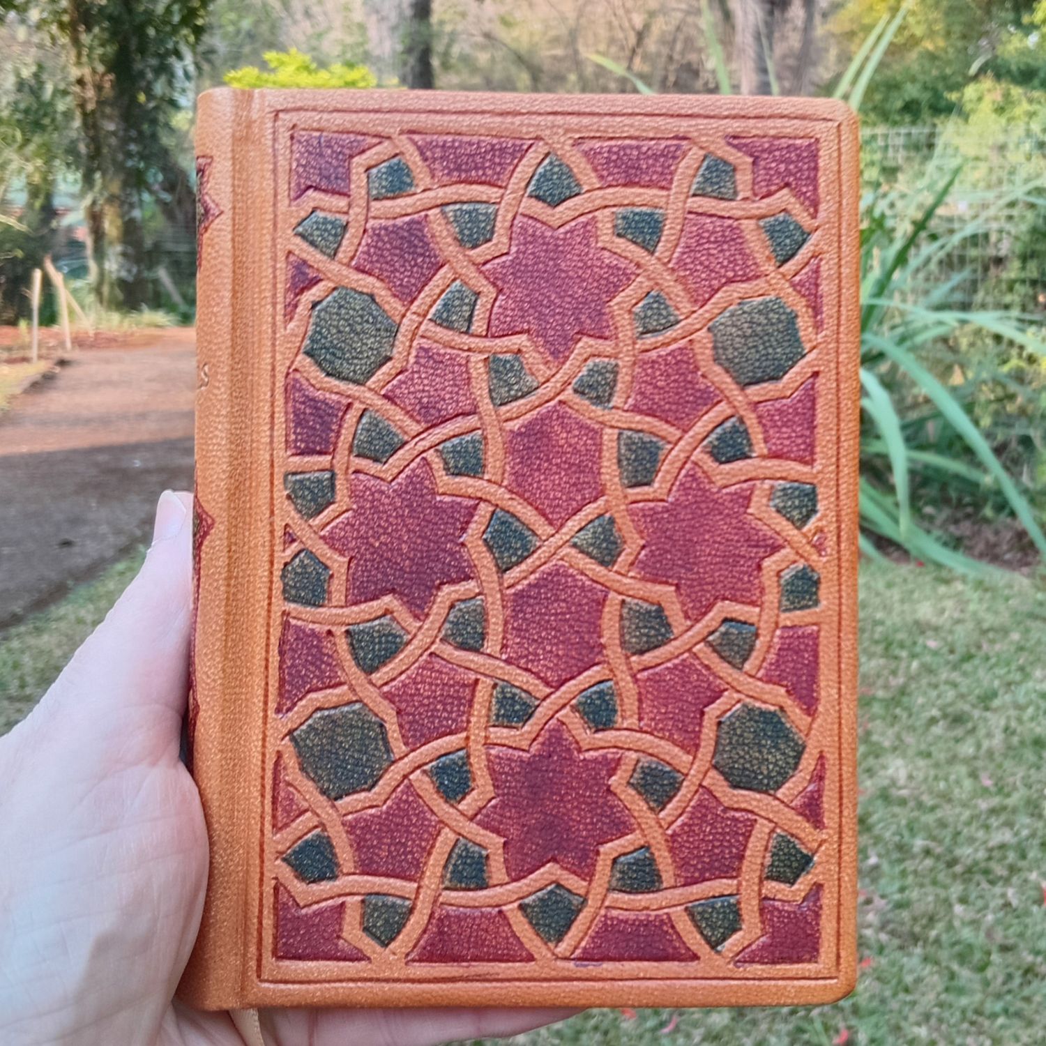 Leatherbound Book of Gospels, Tan Goatskin with geometrical design, Fr Lazarus Moore translation