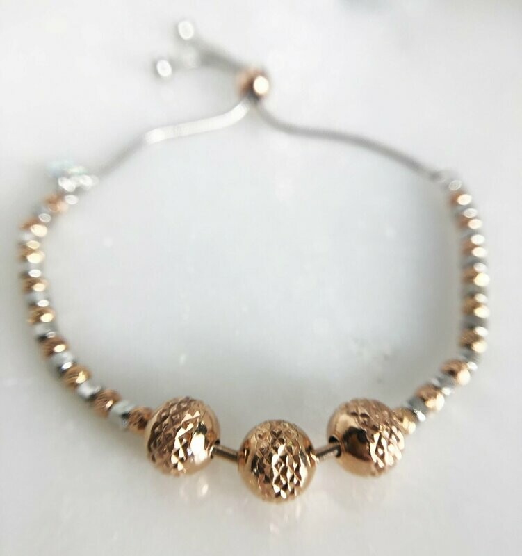 CG  SS-3627  Sterling Silver/Rose Gold Plated D/C Bead Bola Bracelet