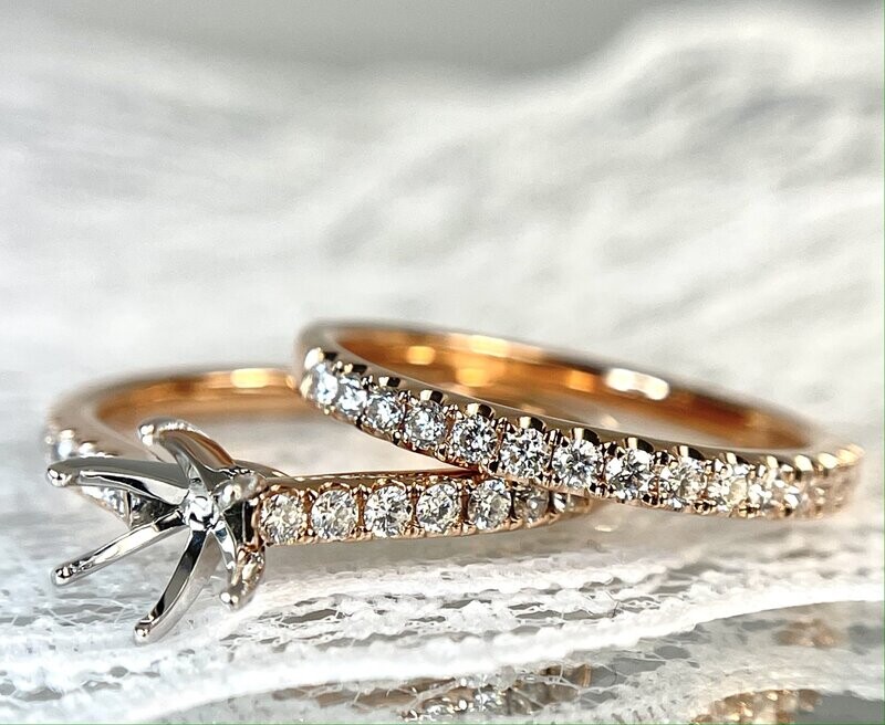 23894249  14k Rose Gold Diamond Engagement Mounting & Wedding Band (Center Diamond Sold Separately)