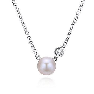 Gabriel NK5242SV5PL Sterling Silver Cultured Pearl and Bezel Set Diamond Necklace