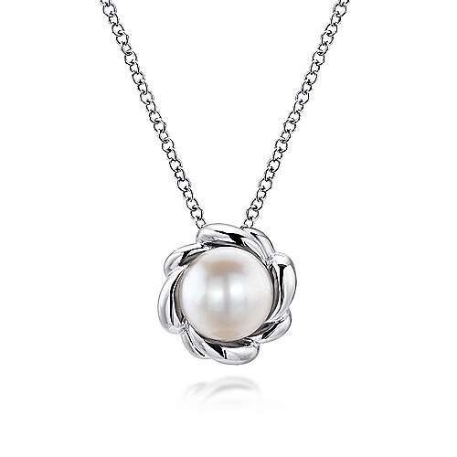 Gabriel NK3706SVJPL Sterling Silver Swirling Cultured Pearl Pendant Necklace