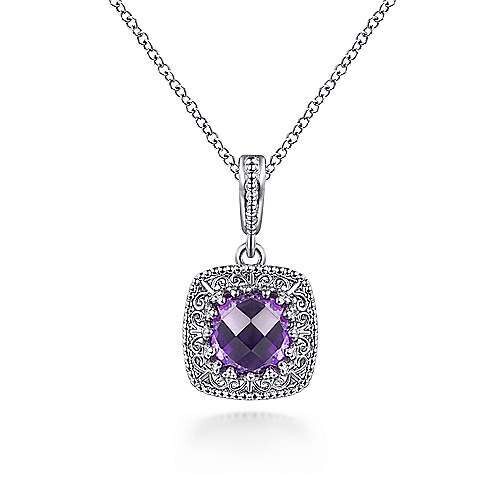 Gabriel NK6081SVJAM Sterling Silver Round Amethyst with Filligree Frame Pendant Necklace