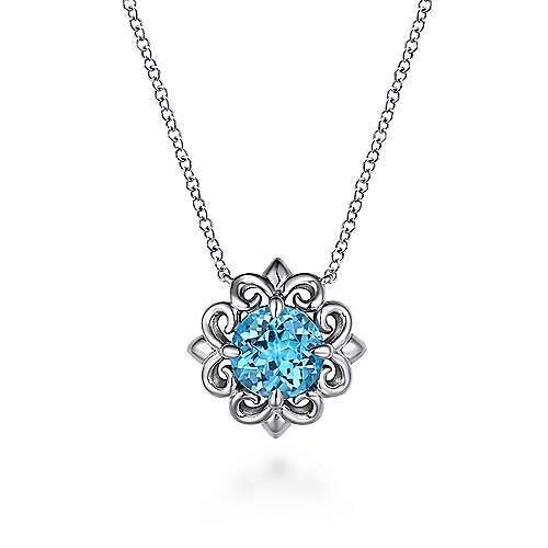 Gabriel  NK4336SVJBT Sterling Silver Blue Topaz Flower Pendant Necklace