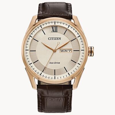 Citizen AW0082-01A Men's Eco-Drive RG Tone with Brown Leather Strap Watch
