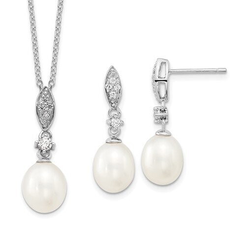 QH5187N  Sterling Silver Freshwater Pearl & CZ Dangle Necklace