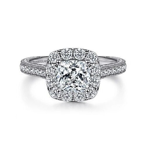 Gabriel ER7500W44JJ Zelda - Vintage Inspired 14K White Gold Cushion Halo Diamond Engagement Ring Mounting (center stone not included)