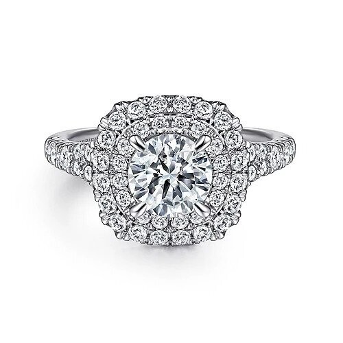 Gabriel ER10754W44JJ Lexie - 14k White Gold Cushion Double Halo Round Diamond Engagement Ring Mounting (center diamond not included)