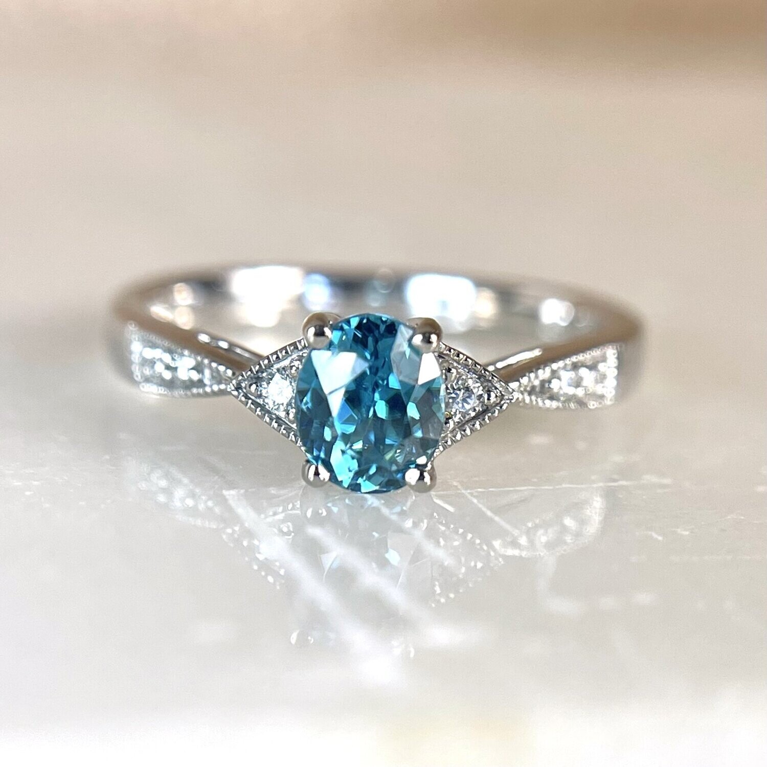 Rego 3419-08  14k White Gold Blue Zircon & Diamond Ring