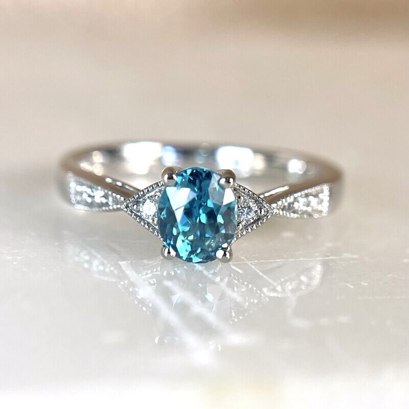 Rego 3419-08  14k White Gold Blue Zircon & Diamond Ring (Clearance Priced)