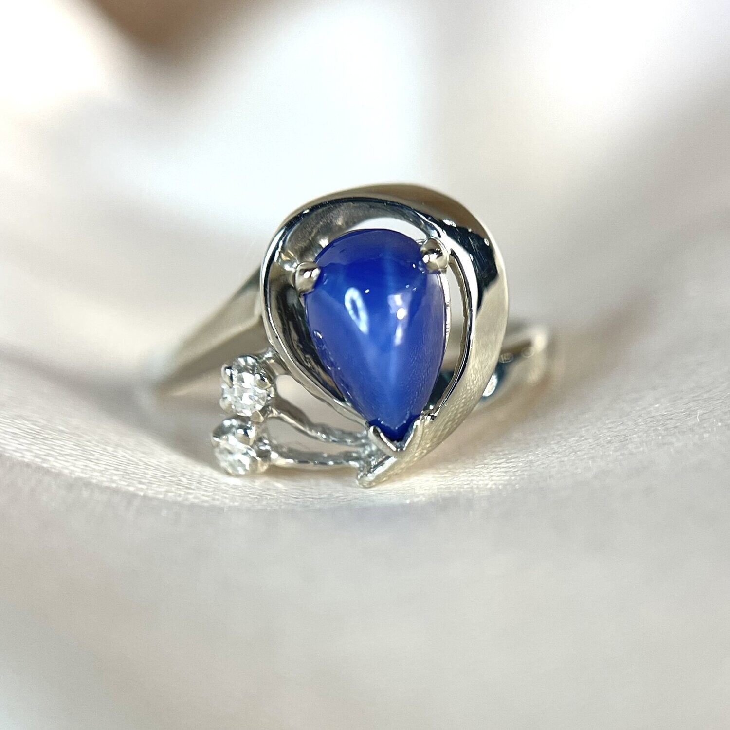 Blue Star Sapphire Diamond Natural Genuine Gemstone White Gold Ring RSS,410  – Barygems