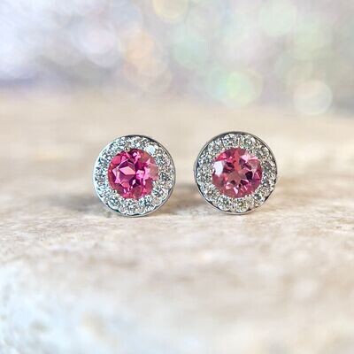 Grandeur E899 14k White Gold Pink Tourmaline & Diamond Stud Earrings