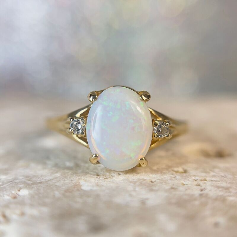 EST153  14k Yellow Gold Estate Opal & Diamond Ring