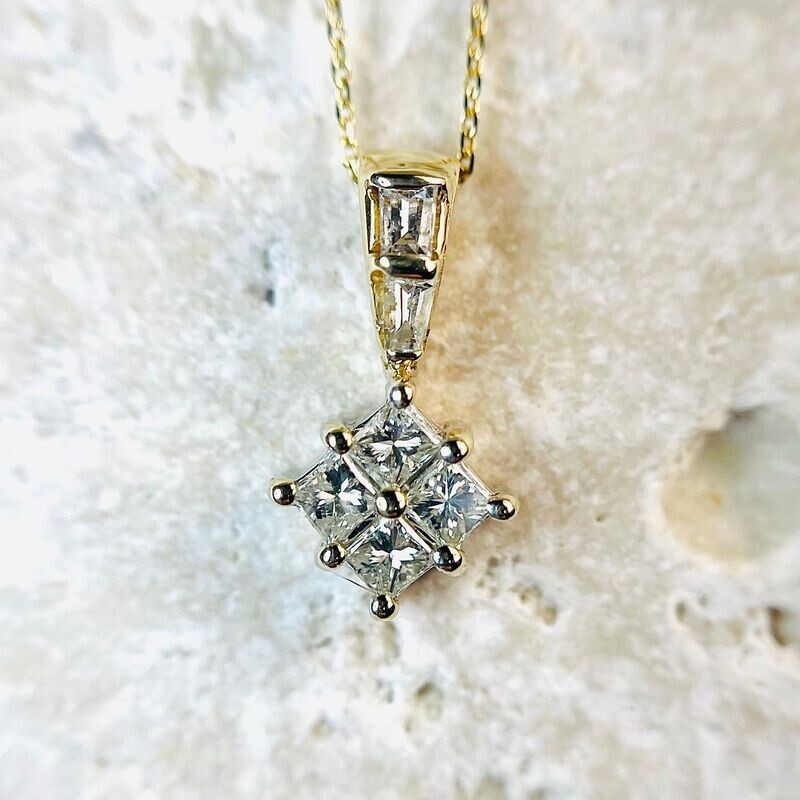 EST160  Estate 14k Yellow Princess Cut Diamond Necklace
