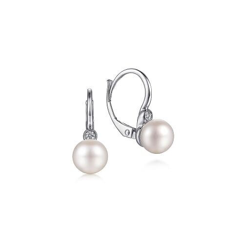 Gabriel EG14637SV5PB Sterling Silver Pearl and Diamond Leverback Earrings