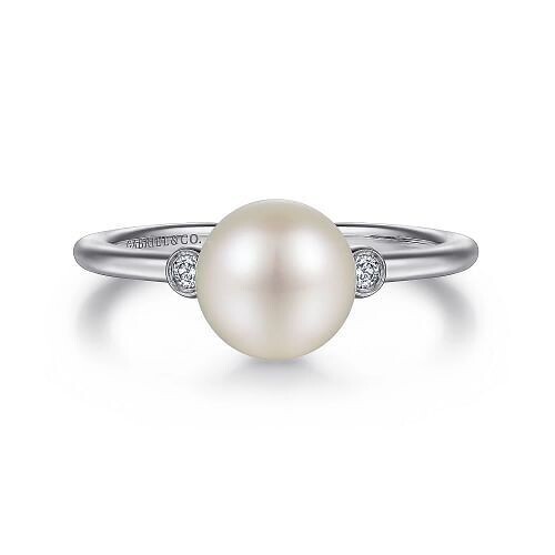 Gabriel LR52264SV5PB Sterling Silver Pearl Ring with Bezel Set Side Diamonds